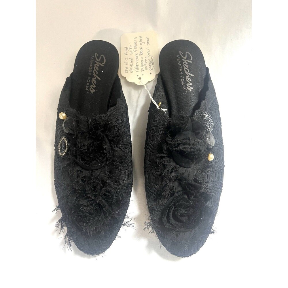 Skechers Cleo Upcycled Handmade Mules Womens 7 Black Lace Fringed Ribbon Flower